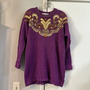 Victoria Harbour Purple Beaded Sweater Sequin Gem Boxy S Long Line Vintage Gold